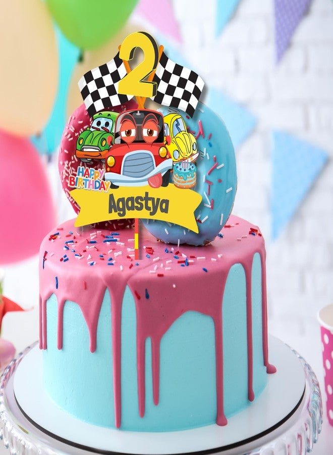 Yellow Nuts Personalised Cake Topper For Birthday Cartoon Car Theme Kids Boys Girls 1st Birthday Anniversary Props Cake Decor Decoration (Car) - Image 1